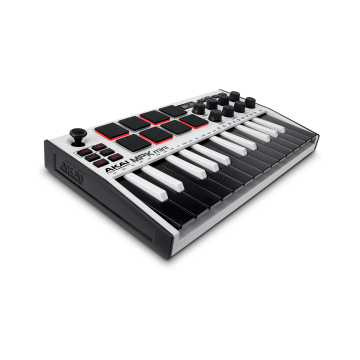 A side view of the white Akai Professional MPK Mini MK3 